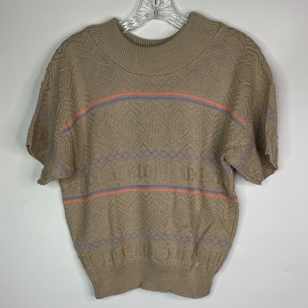 Vintage Cristin Stevens Short Sleeve Brown Striped Sweater Size Medium